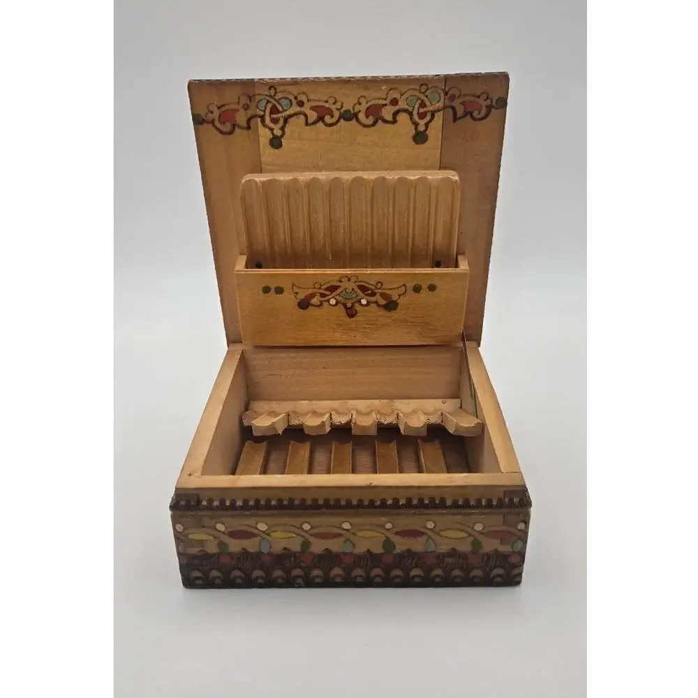 Vintage Wooden Pyrography Cigarette Box Pre-Loved
